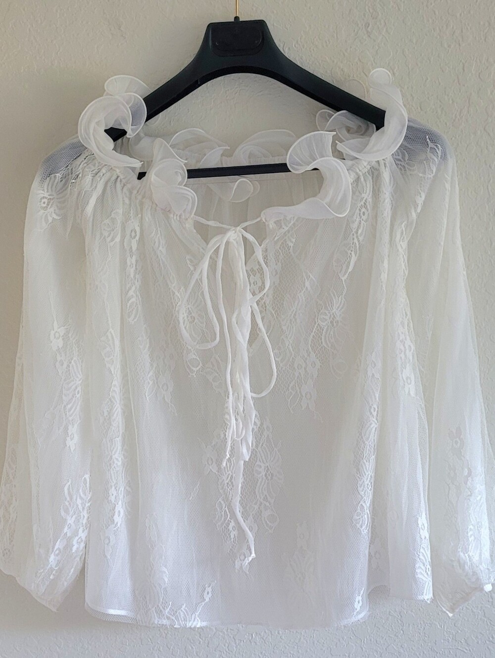 Lace Ruffle-Neck White Blouse Tie Front. Size Large. No Brand Scandi Girl.